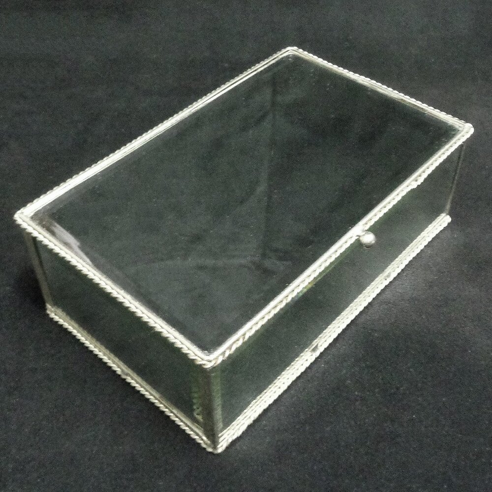 Vintage Beveled Mirror Silver Rope-Trim Jewelry Trinket Box Hinged Lid Velvet